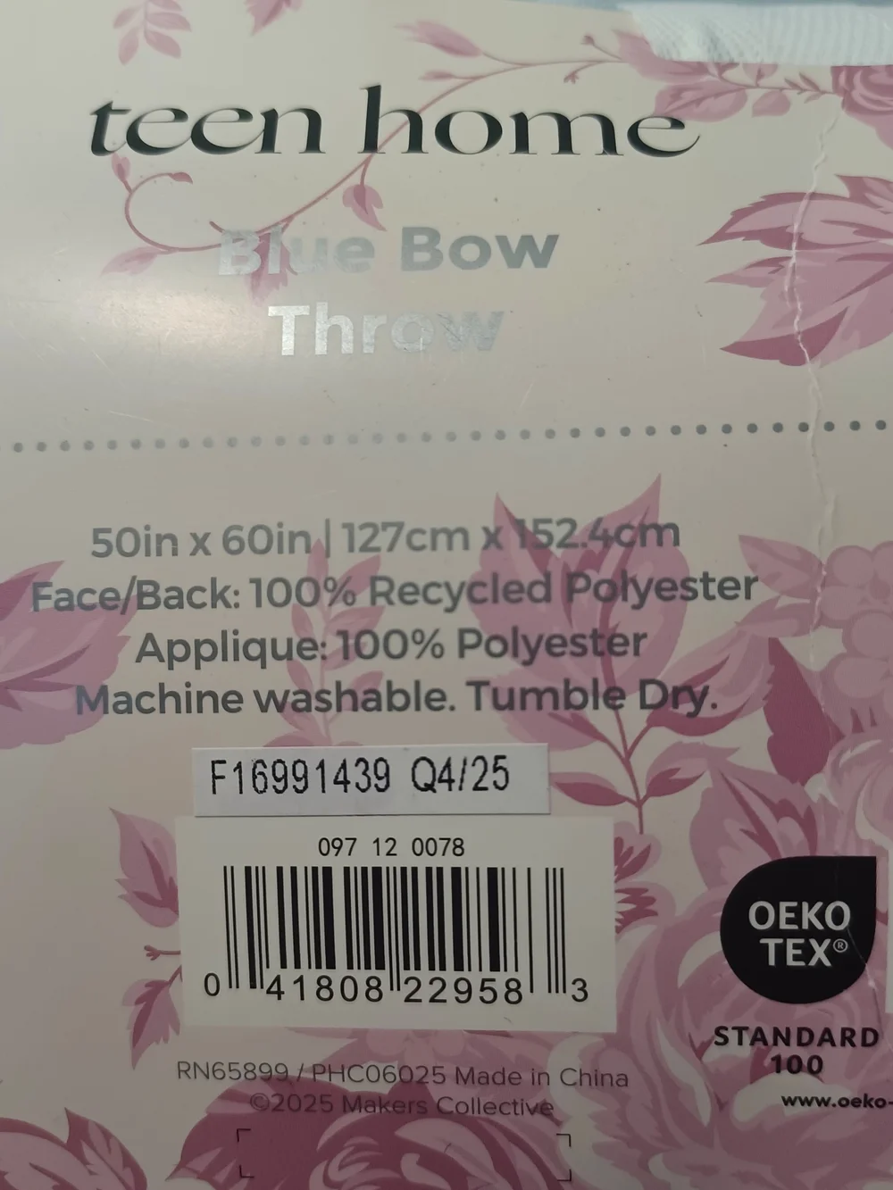 NEW: Teen Home Blue Bow Throw 50in X 60in, Dorm Room